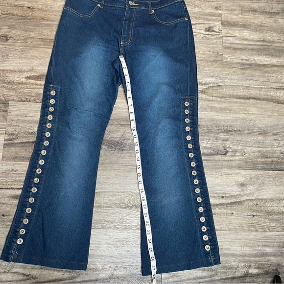 Laser Jeans Y2K Women’s Size 13 Jr. Blue Denim Jeans Bootcut Flare Side Buttons - Picture 6 of 8